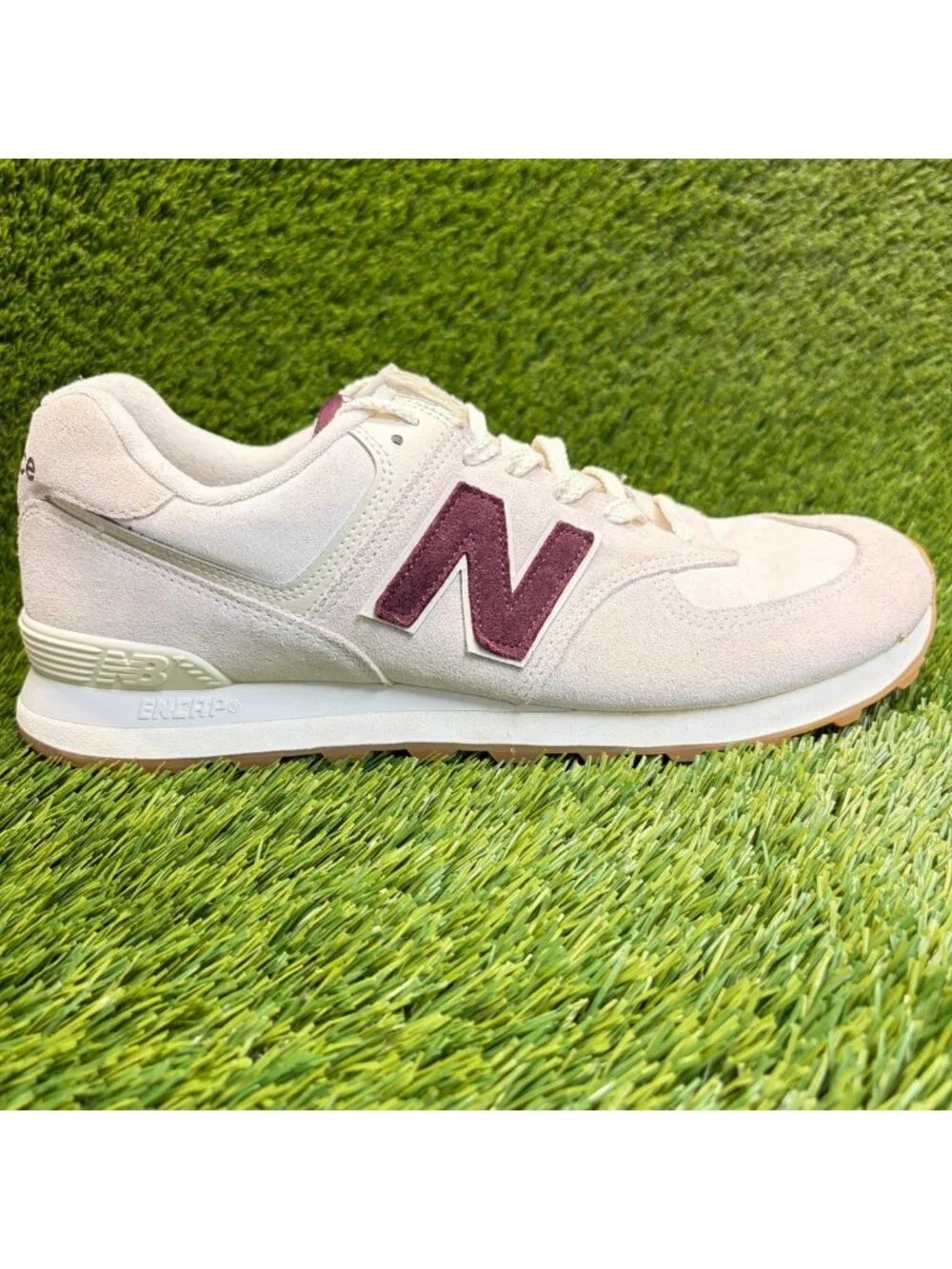 New Balance 574 Mens Size 13 Cream Burgundy Athletic Walking Shoes Sneakers